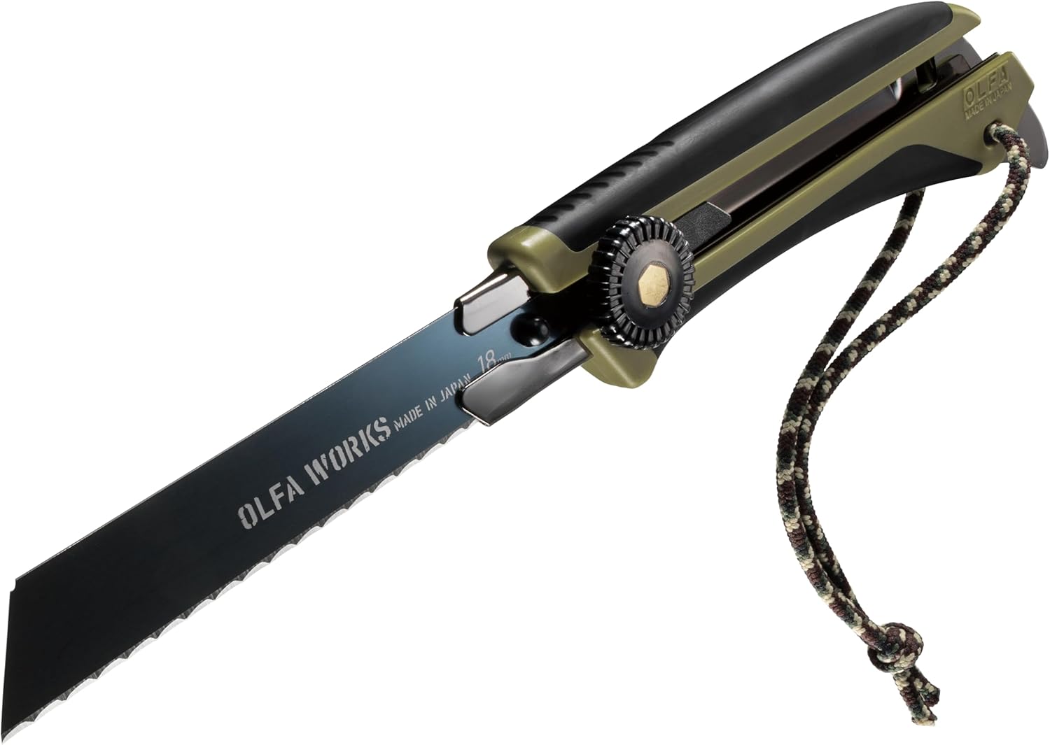 OLFA WORKS OW-OUK-1/OD Outdoor Knife, Fine Serrated Edge Blade for Confident Cutting - Multi Purpose Outdoor Knife Designed to Handle Slippery Materials like Rope, Plastic, and Canvas - Ratchet-wheel lock, Replacement Blade: OWB-OKB-1/3B (Olive)