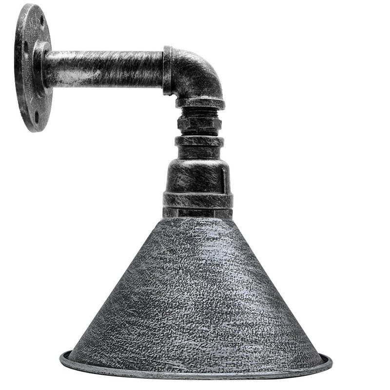 LEDSone Industrial Vintage Water Pipe Wall Light Conical Metal Lampshade in Brushed Silver with E27 Socket Steampunk Sconces Ideal for Farmhouse Bedroom Decoration Fixtures