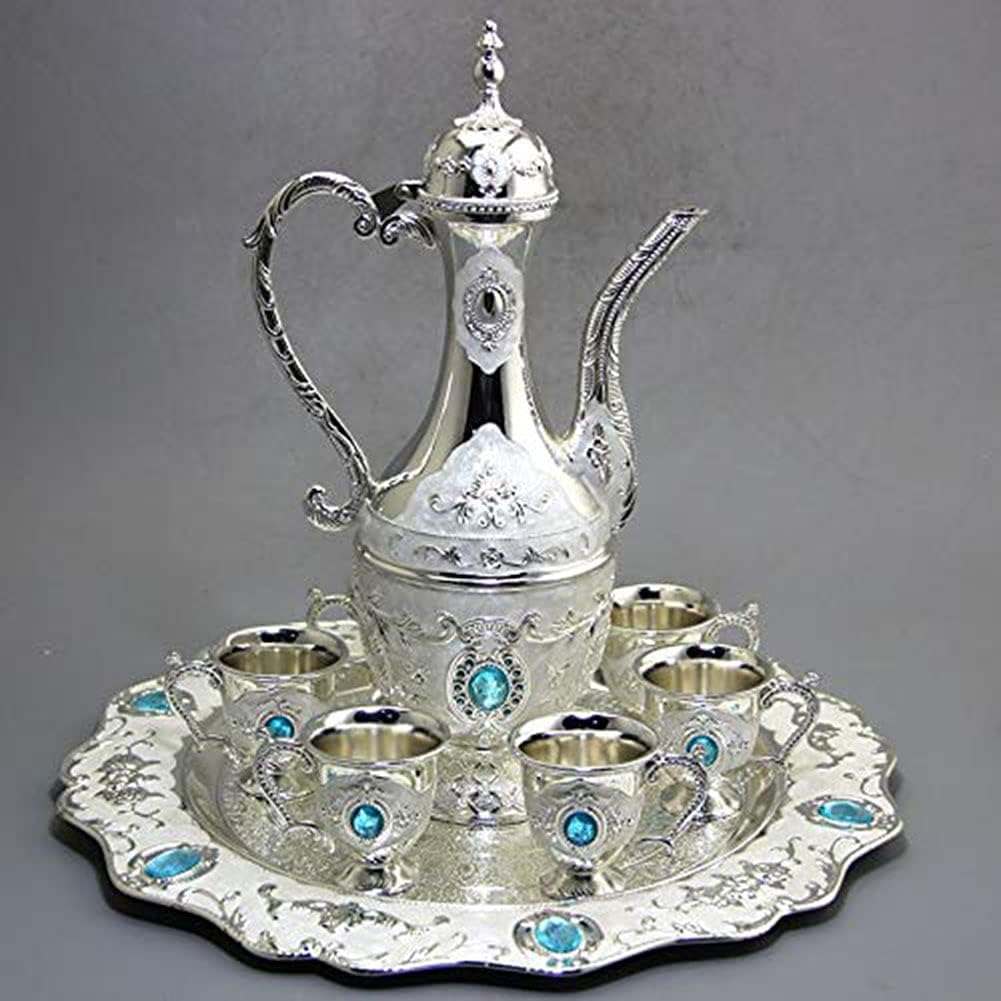 Tea Set Silver Copper Set Teapot Coffee Pot Pattern Decorations Inlaid Crystal Stones - Handmade 100% Copper Stainless for Serving and Drinking Vintage Housewarming Gift (Silver 8)