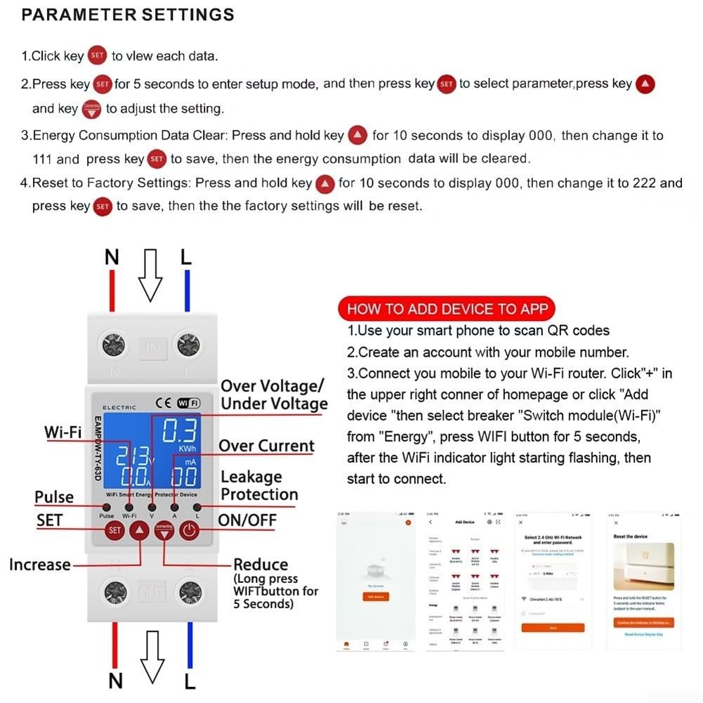 2 interruttori automatici Smart WiFi di Palo 63A con protezione da perdite sopra sotto tensione e monitoraggio energetico in tempo reale fino a 99999,9 kWh