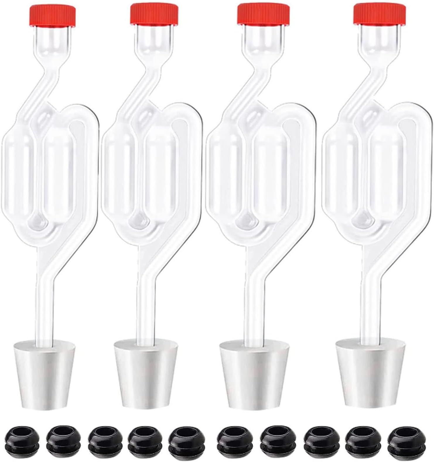 4PACK Twin Bubble Airlock Set, Fermentation Airlock,Brewing Airlocks Brew Kits Airlocks for Fermenting with 4 Stoppers + 10 Grommets