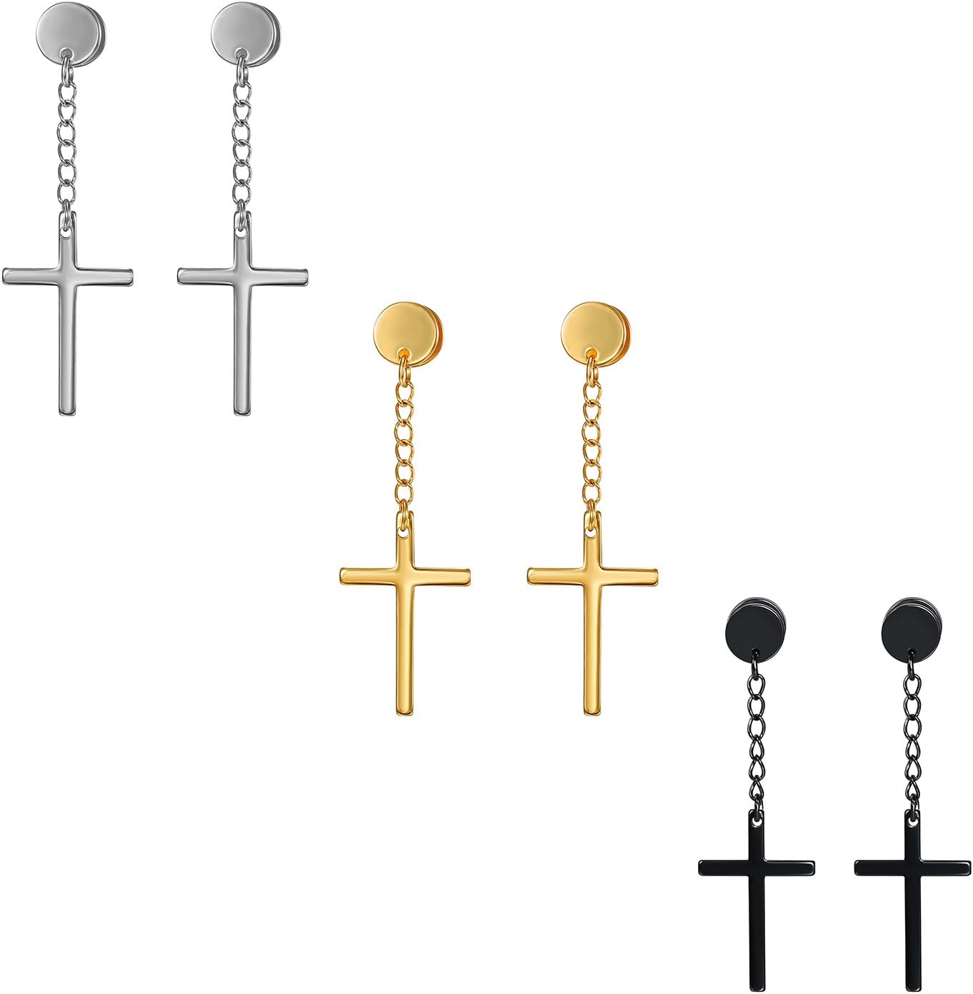 3pairs Stainless Steel Cross Drop Dangle Earrings for Mens Birthday Christmas Gifts,Black,Silver,Gold,Hypoallergenic