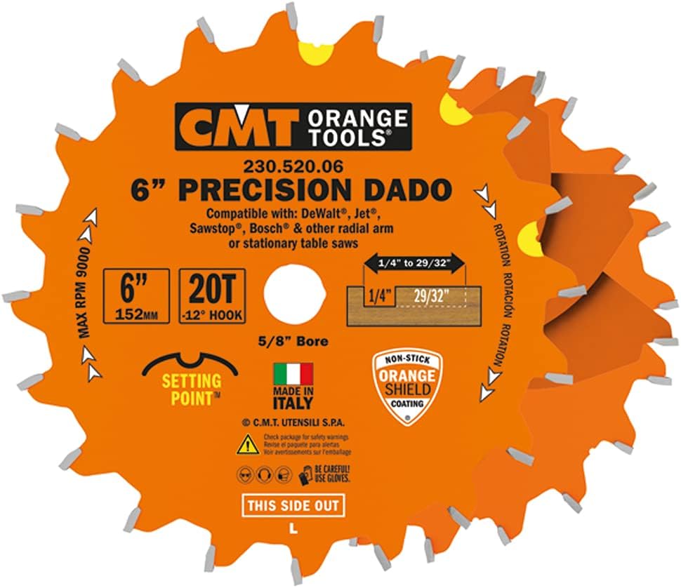 Flash Deals - 40% OFF CMT 230.520.06 Precision Dado Set, 6-Inch x 20 Teeth FTG+ATB Grind with 5/8-Inch Bore