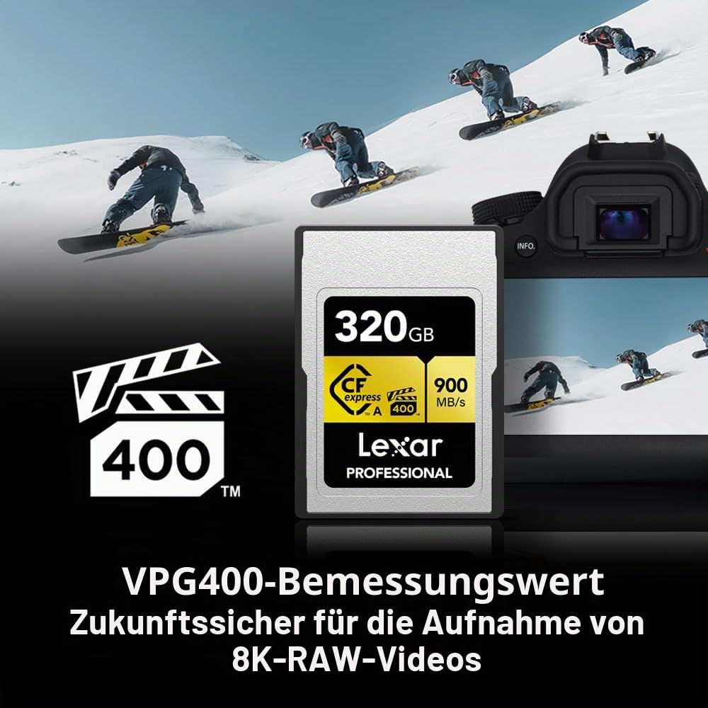 Lexar Professionelle CFexpress Typ A Gold Series Speicherkarte, 320 GB, bis zu 900 MB/s lesen, 8K-Video in Kinoqualität, bewertet VPG 400 (LCAGOLD320G-RNENG)