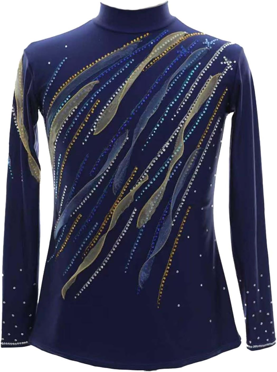 Rhythmic Gymnastics Top Men High Neck Long Sleeve Sparkling Rhinestones Applique Competition Outfit Practice