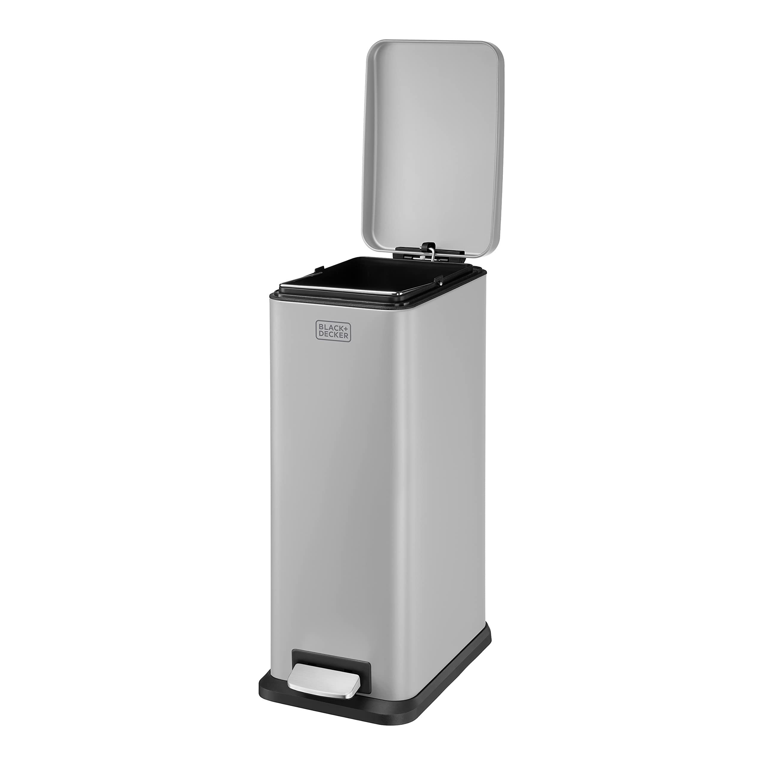BLACK+DECKER BXBN00014E Slimline Treteimer mit sanft schließendem Deckel, Edelstahl, 56 x 22 x 36 cm, Grau, 20 l | Sanft Schließender Deckel mit Softclose | Herausnehmbarer Inneneimer mit Tragegriff | Fingerabdruckfrei | Fußpedal