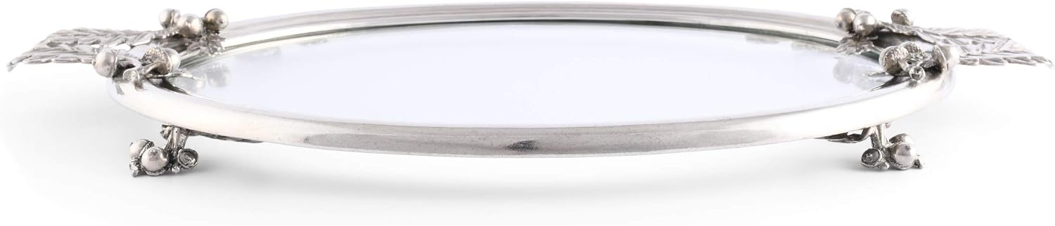 Vagabond House Solid Pewter Acorn and Oak Leaf Handle Oval Glass Serving Tray Platter 12 inch x 19 inch