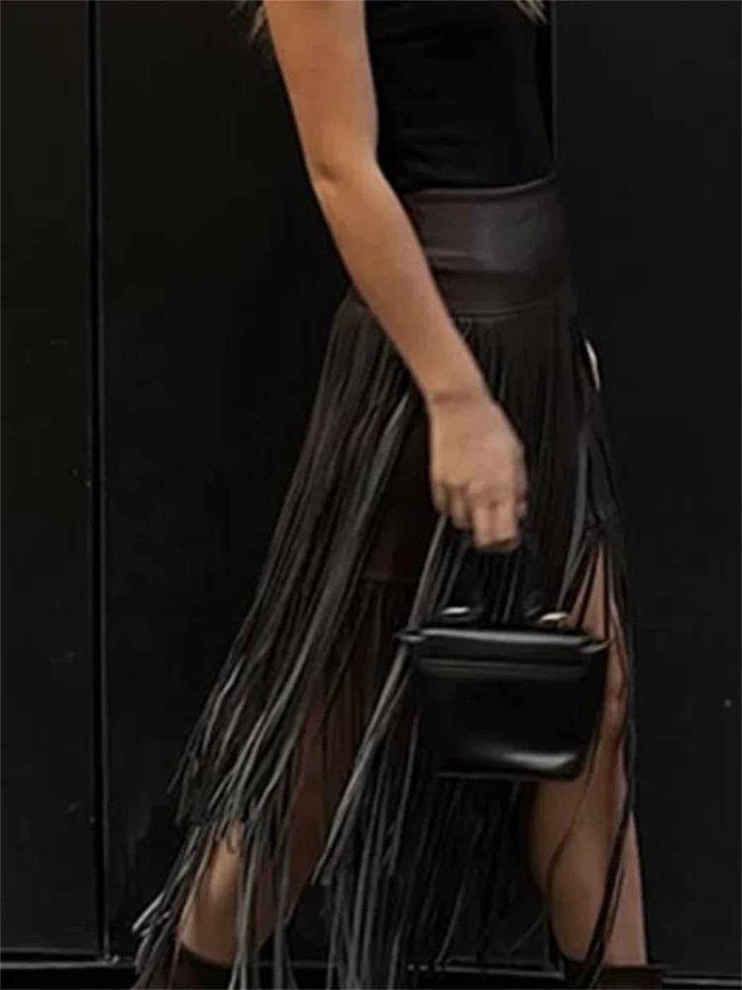 Women's Fashion Long Tassel Fringe PU Leather Skirt Adjustable Belt Bohemian Style Summer Statement