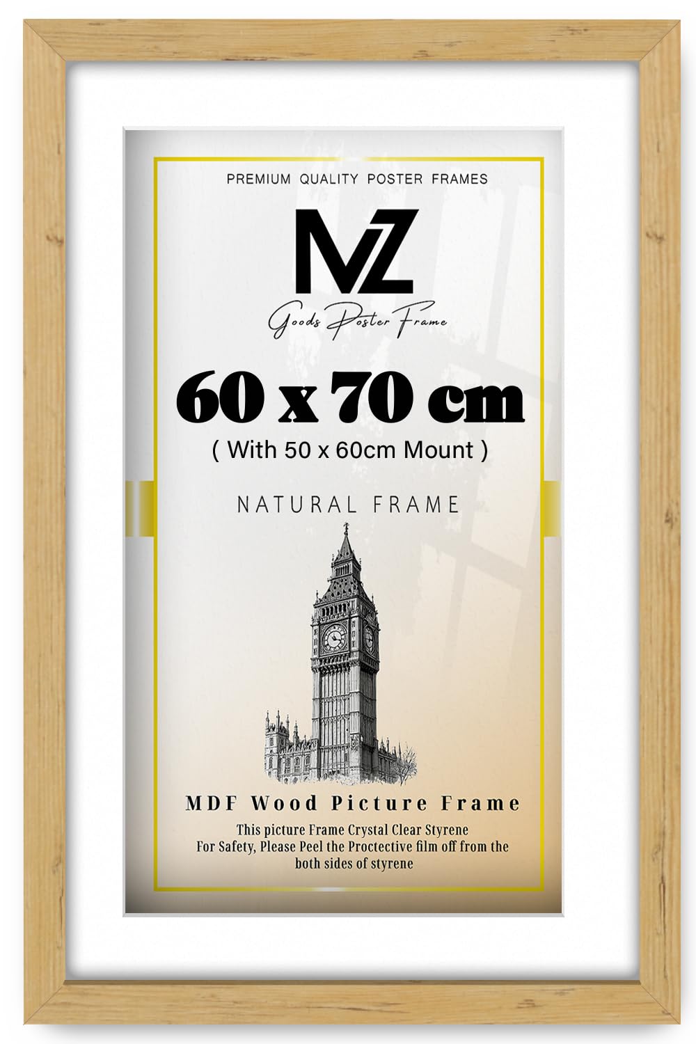 MZ GOODS | MDF Elegant Picture Frame (60 x 70 cm) With 600 x 500 mm White Mount Engineered Wood | 24 x 28 Award, Painting, Home & Gallery Display [ Pine ]