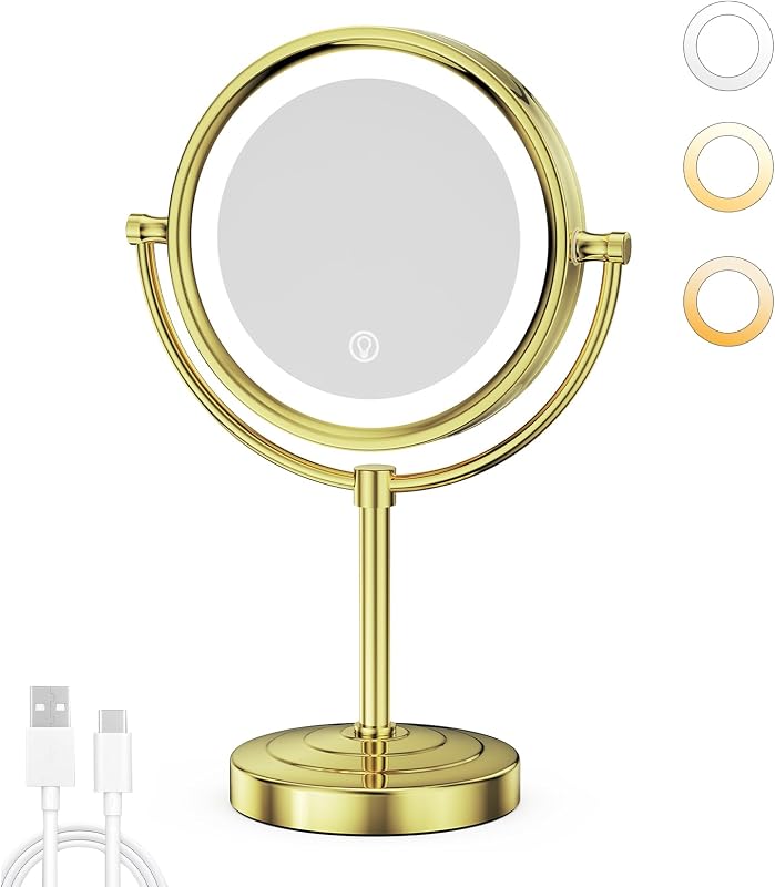 Espelho de mesa para maquiagem GURUN com iluminação LED, 21,59 cm, aumento 10x, 3 cores ajustáveis, controle touch, bateria de 4500 mAh, dupla face, acabamento dourado 2208D-T(10x, Gold)