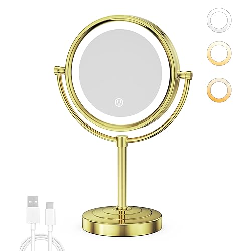 GURUN Espejo de maquillaje de mesa con luz LED de 8.5 pulgadas con aumento de 10x regulable, 3 colores, control táctil, 4500 mAh, acabado dorado de