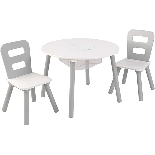 KidKraft Wooden Round Table & 2 Chair Set with Center Mesh Storage, Kids Furniture, Gray & White, Gift for Ages 3-6