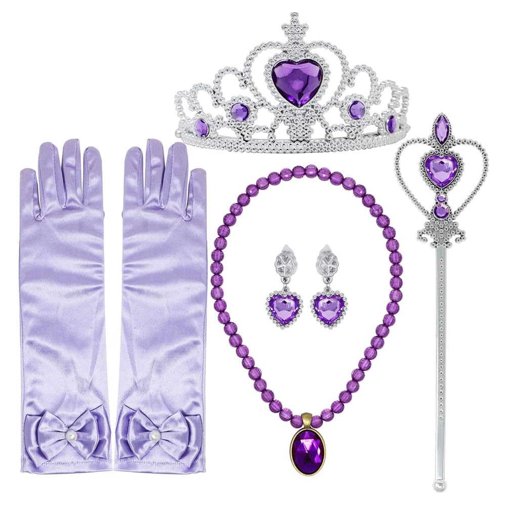 AMERTEER 5PCS Princess Dress Up Accessories - Princess Jewelry Contains Princess Crowns for Girls, Wand Set Gloves, Earrings and Necklace | Kids and Toddlers Costume Accessories