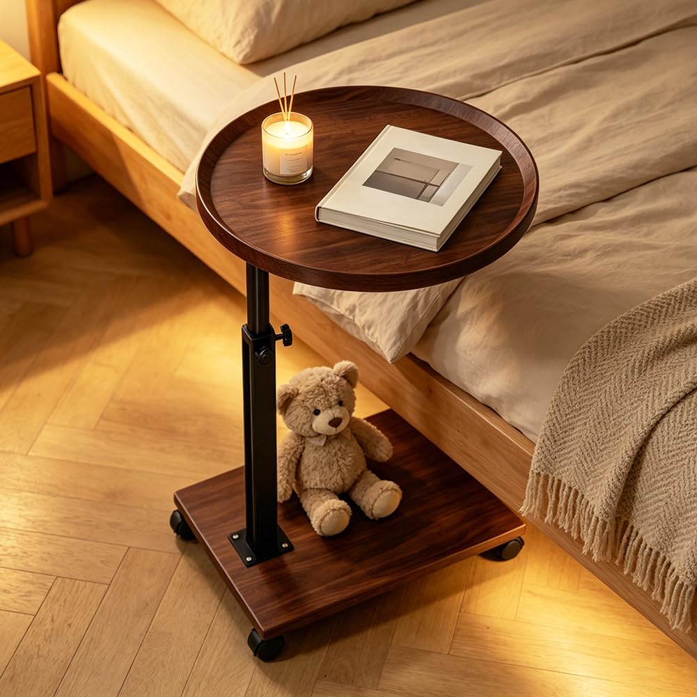 Mesa auxiliar giratoria de 360 grados, mesa auxiliar con ruedas, altura ajustable 45 – 80 cm, mesa de sofá en forma de C, mesa de centro redonda pequeña para sofá, cama y oficina en casa