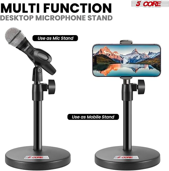 5 Core 3 in 1 Multi Function Desk Microphone Stand Adjustable Table Desktop Mic Stands with Microphone Cell Phone Clip to 3/8 Female to 5/8 Male Metal Adapter Black