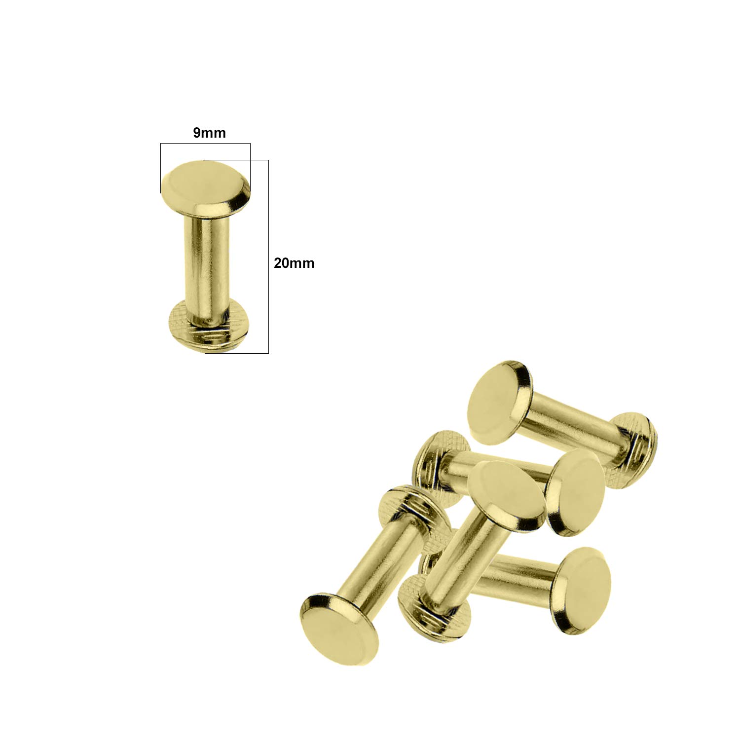 Trimming Shop 9 x 20mm Chicago Screw Gold Flat Head, Anti Resistant, Lightweight, Durable, Brass Rivets, for Leathercrafts, Arts, Book Binding, Handicrafts, DIY Decoration, 50pcs