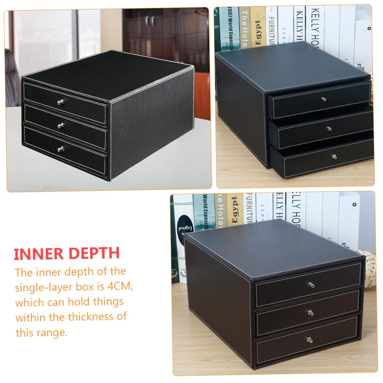 Caja de Archivos de Escritorio de Cuero Negro de Tres Capas | 1 Pieza, Madera y Pu, Fácil de Tomar, para Documentos y Objetos Pequeños, Dormitorio o Sala