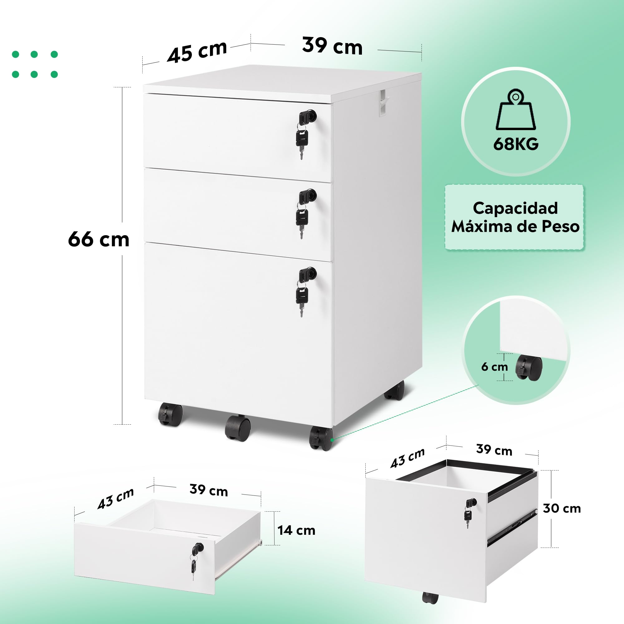 DEVAISE Archivador de 3 Cajones con Cerradura, Mueble Bajo Escritorio Sólido para Documentos A4/Legal/Carta,Blanco