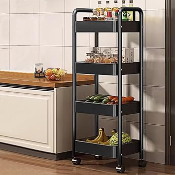 CoolLeaf KT-B4 Kitchen Storage Rack, Steel Kitchen Trolley with Wheels, Hooks and 4-Layer Baskets, Vegetable Stand for Kitchen Organizer, Onion Potato Rack for Kitchen-10kg Loading Per Layer | Black - image, photos