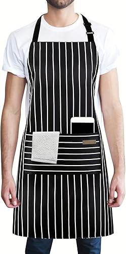 Miniatura 6 de 1 delantal de cocina, delantal de cocina con 2 bolsillos, correa ajustable para el cuello, delantal de chef, material negro resistente a la suciedad