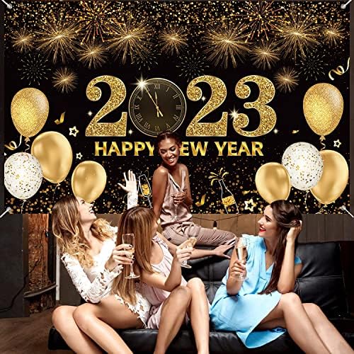 Large New Year Background Banner, Happy New Year Banner for New Year Eve Decorations Black and Gold , 2023 New Year Party Supplies for New Year Eve Indoor Outdoor Wall Decorations(70.87 * 43.3Inchs).