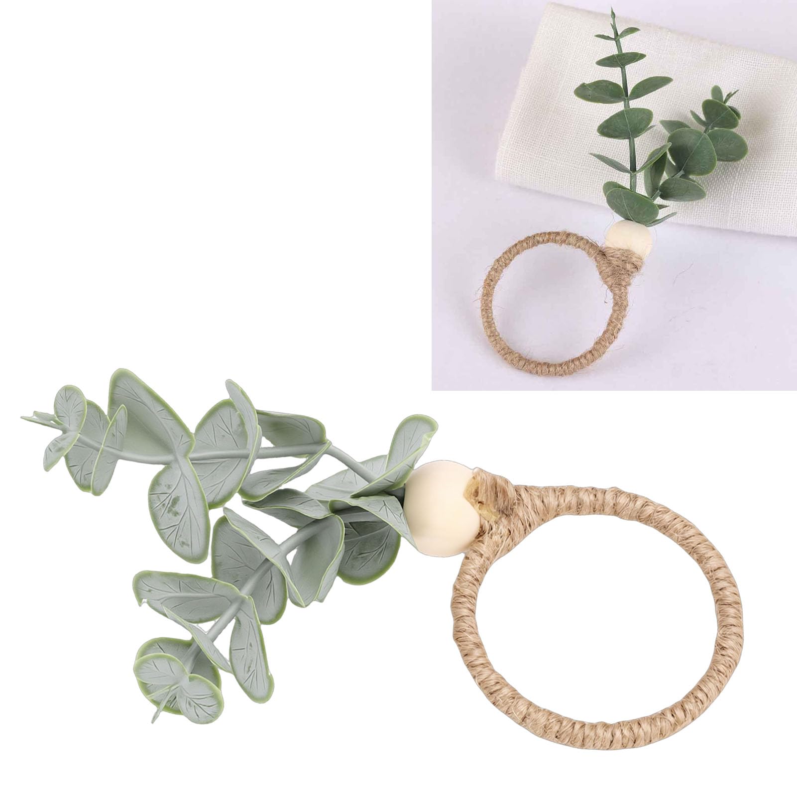 Cocoarm Portatovaglioli a Foglia Verde, 12 Portatovaglioli con Perline di Legno con Verde Artificiale e Base in Lino, Design a Tre Strati da 4,5 X 1,8 Pollici per Matrimoni, Feste, Tavoli in