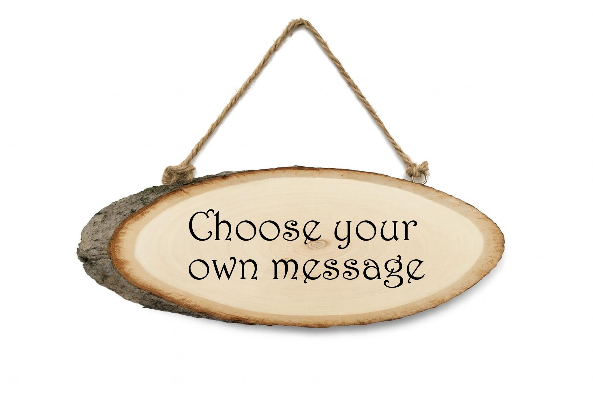 Engraved Wooden Log Slice Door Sign – Custom Text Hanging Rustic Wood Plaque with Bark Edge
