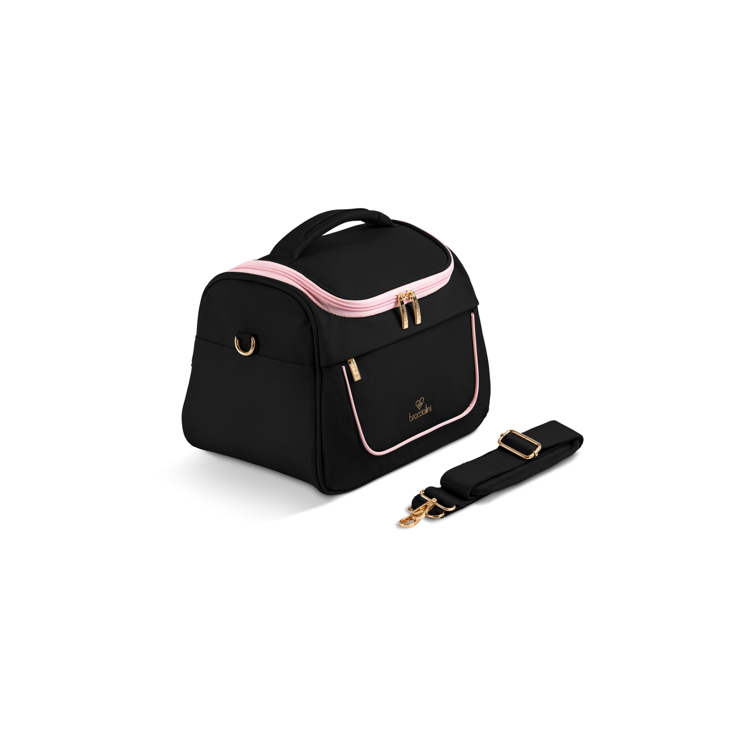 Braccialini Travel Kühn und raffiniert, das Braccialini Beauty Case aus Nylon vereint elegantes Schwarz mit Leopardenmuster, eingerahmt von rosa Einfassungen und goldfarbenen Metalldetails. Leicht und