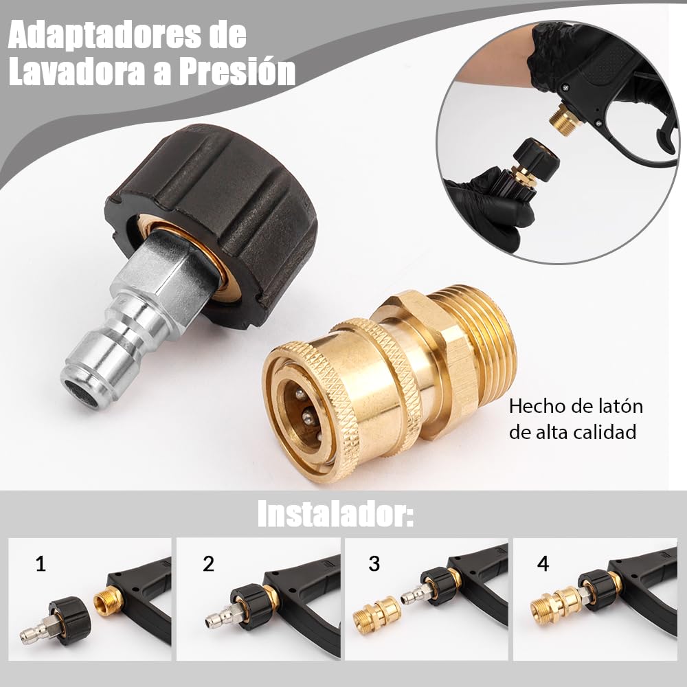 Kit de Adaptadores de Lavadora a Presión M22 14 mm, Acoplamiento Rápido de Latón de 1/4", Acopladores para Limpiadoras a Presión, M22 a 1/4 '', Conector Rápido Alta Presion, 5000PSI