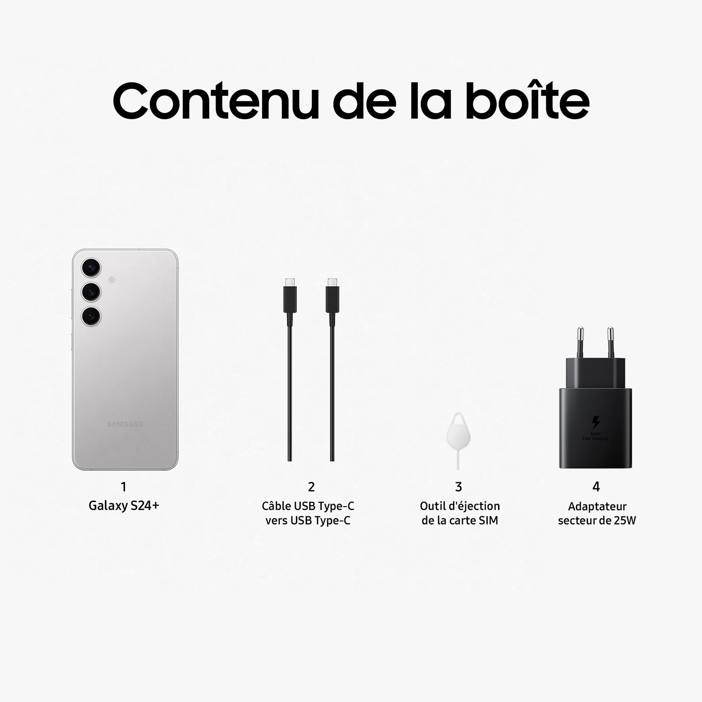 Samsung Galaxy S24 +, Smartphone Android 5G, 512 Go, Chargeur Secteur Rapide 25W Inclus [Exclusivité Amazon], Smartphone déverrouillé, Argent, Version FR