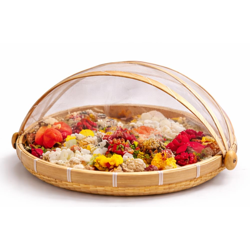 2 Bamboo Fruit Basket with Mesh Cover | Multipurpose Food Cover for Dining Table | Cake, Snacks & Wedding Decor Display Basket Multipurpose Kitchen Storage Organizer (2 Bamboo Basket)-picture-19