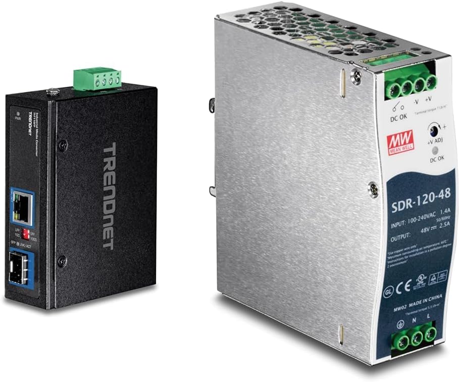 TRENDnet Hardened Industrial 100/1000 Base-T to SFP Media Converter and 120W 48V 2.5A DIN-Rail Power Supply Bundle