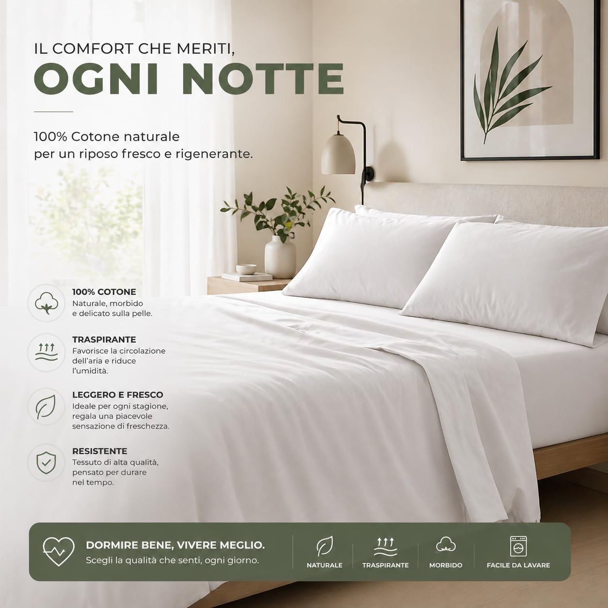 Set Lenzuola in 100% Puro Cotone, Completo letto, Lenzuola sotto con angoli, Sopra e Federa cuscino, Morbidezza e Comfort Naturale (M158 - Verde, Singolo)