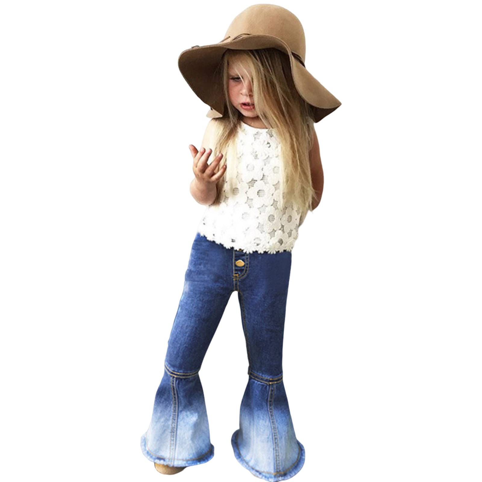 Toddler Girls Bell Bottom Jeans Elastic Waist Ripped Flared Jeans Denim Bell Bottom Palazzo Casual L𝐨unge Pants