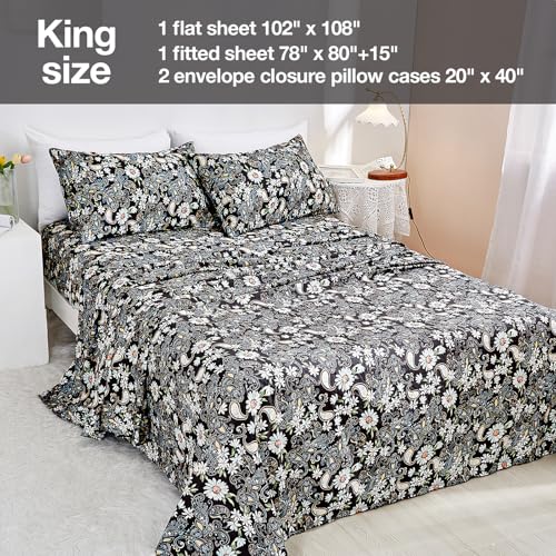 Image of JSD Black Paisley Floral Printed King Sheet Set Extra Deep Pocket | 4 Piece Soft Microfiber Sheets, OEKO-TEX Certified, Easy Care