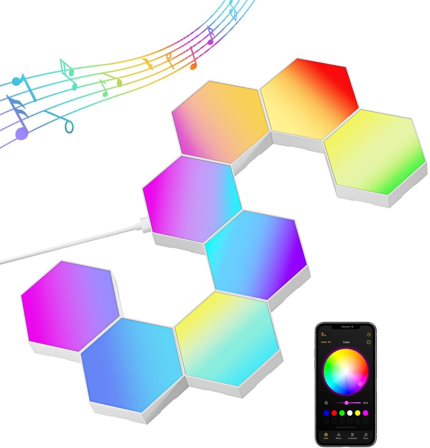 8 Set App Smart App RGB Hexagonal LED LUMILES MODULAR avec Télécommande et Caractéristiques de Synchronisation Musicale, Panneaux D'éclairage Mural Hexagonal pour les Salles de