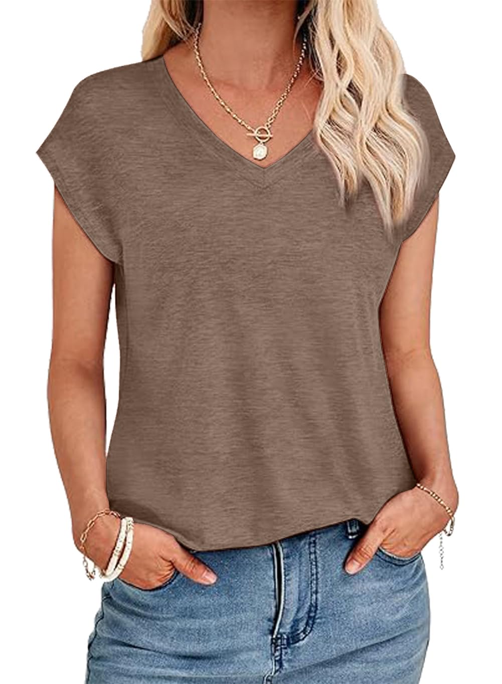 YUTILA 1/2er Pack Tshirt Damen Sommer Casual Basic Shirt Einfarbig Kurzarm Tee Tops Oberteile V Ausschnitt Locker Lässig T Shirt