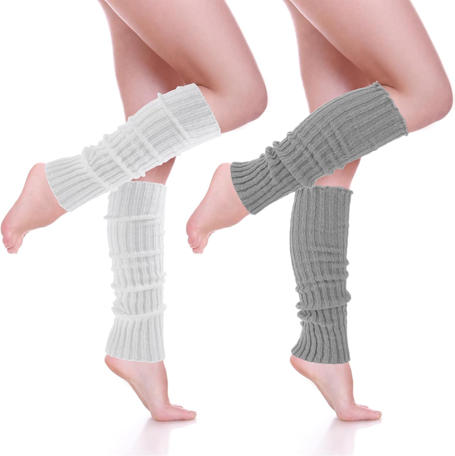 Leg Warmers, 2Pairs Kawaii Knit Stretchy Leg Warmer for Women Leg Sculpting, Fall/Winter Womens Leg Sleeves Y2k Fashion Kawaii Accessorie (Grey&White) - Image 2