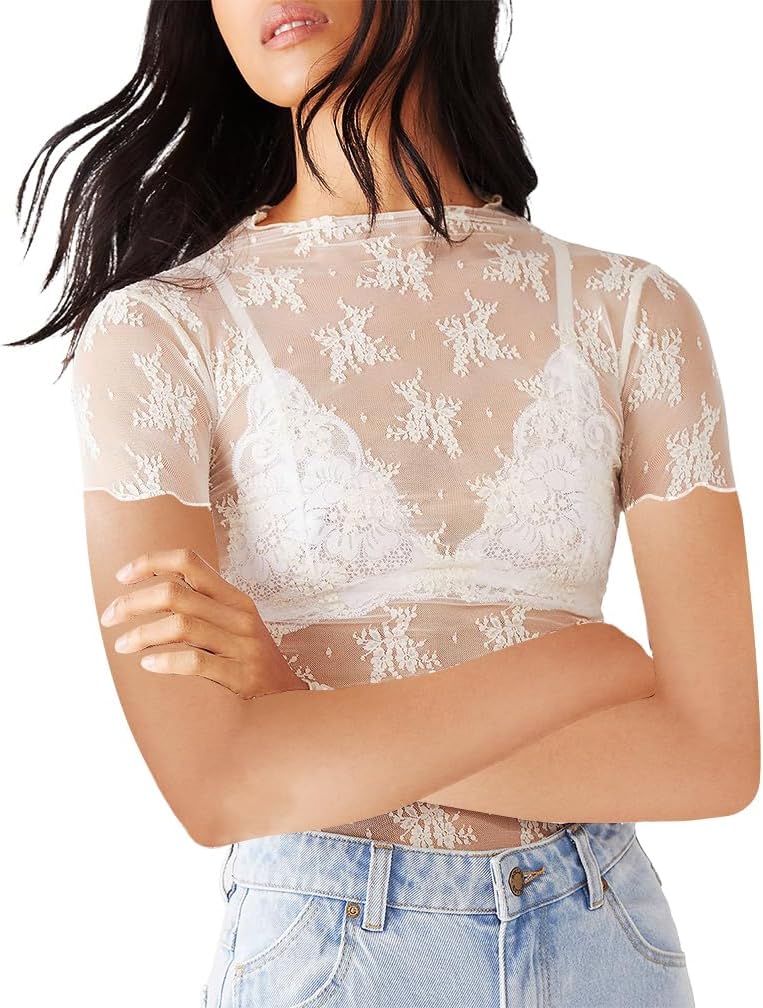 Women Short Sleeve Mesh Top Mock Neck Sheer Floral Lace Tee Top Party Summer Slim Fit Sexy See Through T Shirt - Image 2