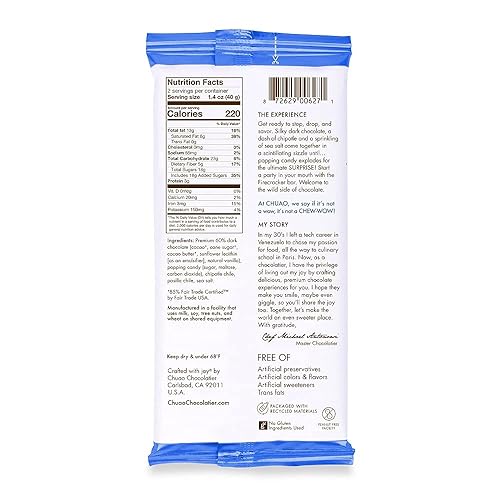 Miniatura 2 de Chuao Chocolatier Barritas de chocolate negro Petardo, sabor gourmet, con sal marina, chipotle, artesanal, europeo, sin conservantes, para cestas de