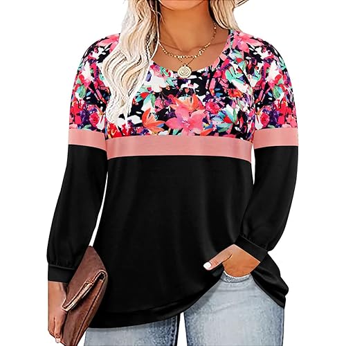 TIYOMI Plus Size Tops for Women Raglan Long Sleeve V Neck T Shirts Casual Color Block Leopard/Floral Tops Winter Tee Shirt