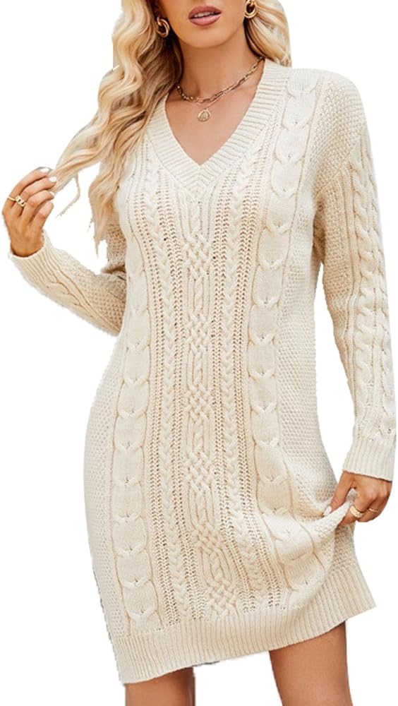HEILA Women's Cable Knit V Neck Sweater Dress Soild Long Sleeve