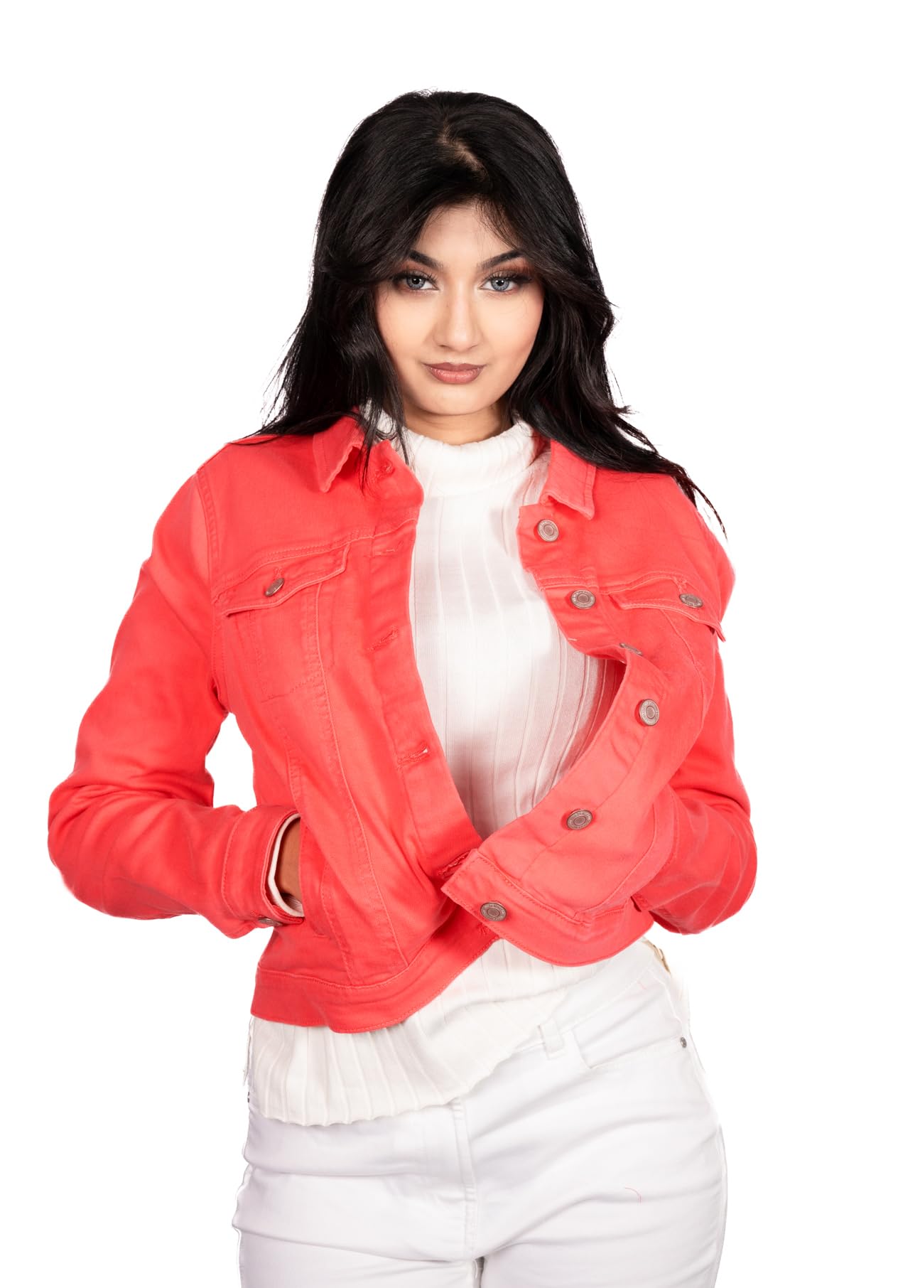 Cottonleaf Women's Coral Classic Denim Jacket, Red, Button Front, Long Sleeve (Uk, Numeric, 12, Regular, Regular, )