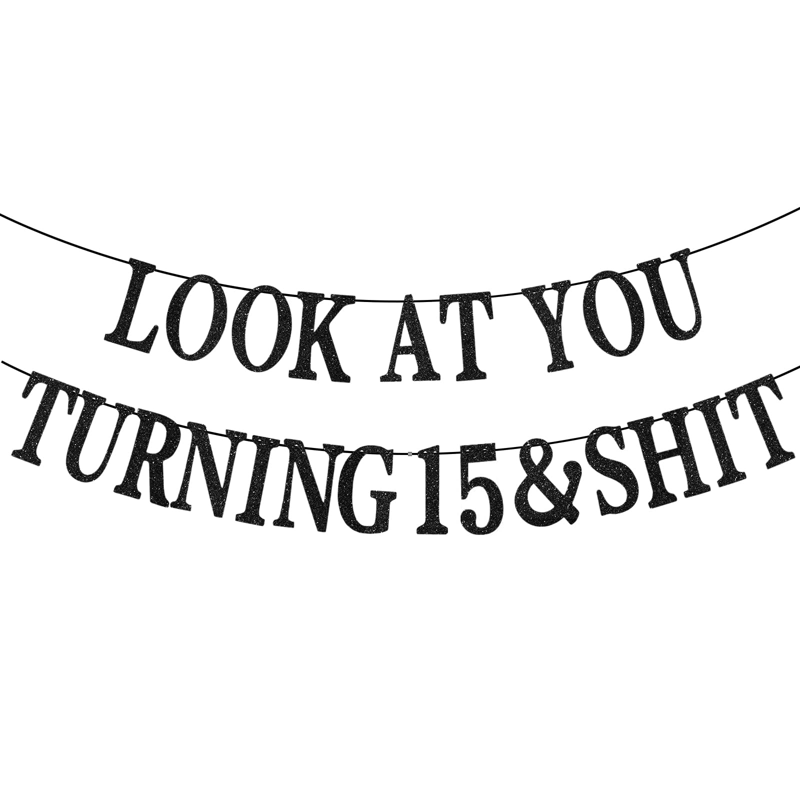 15th Birthday Banner, 15th Birthday Decorations, Happy 15 Year Old Party Banner for Boys and Girls, Funny Fifteenth Party Decorations Backdrop Gifts, Black Glitter Supplies