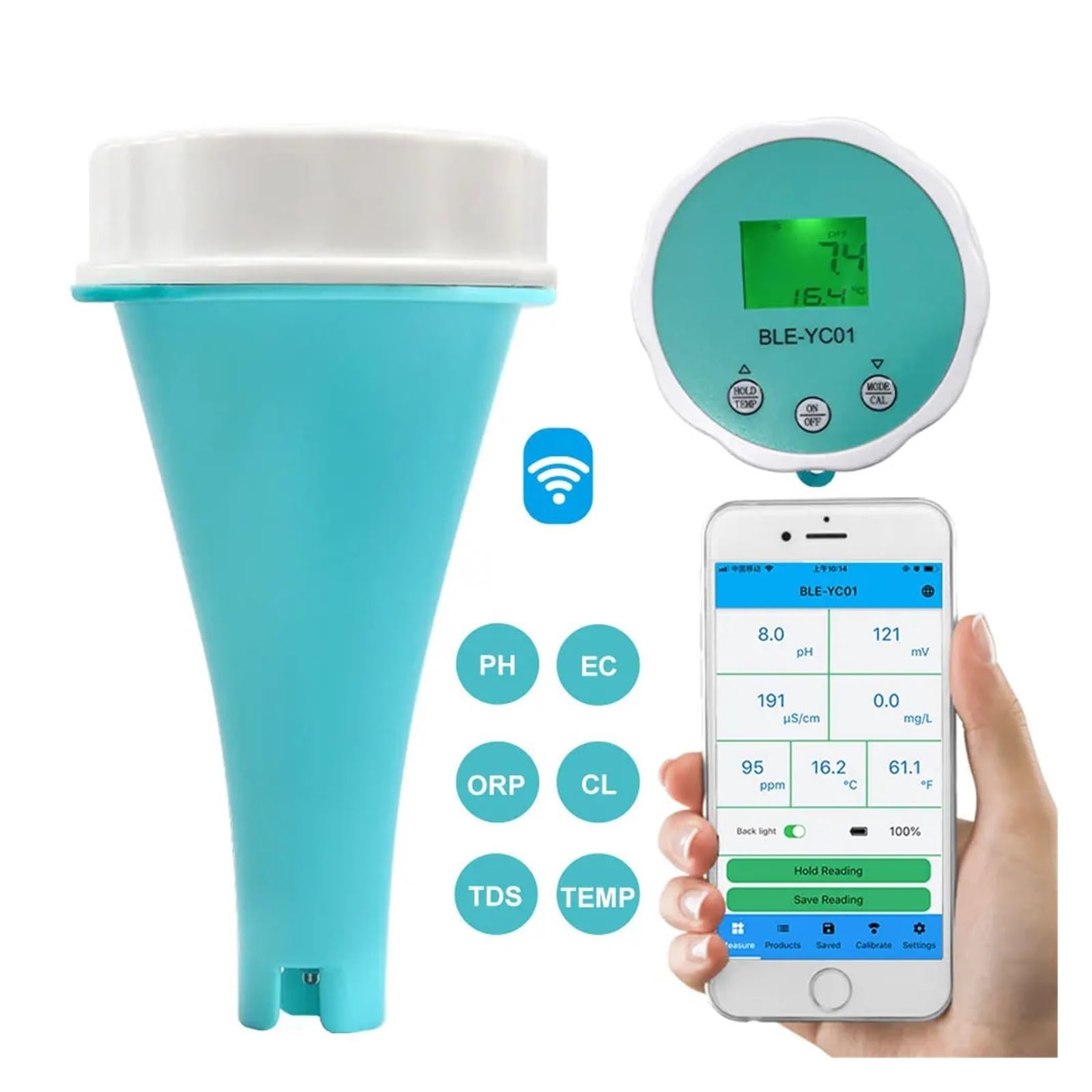 Tester ph wody, 6 w 1 inteligentny pływający analizator wody basenowej PH CL TDS EC ORP TEMP Tester APP Monitor online ści, do wody pitnej, akwariów itp