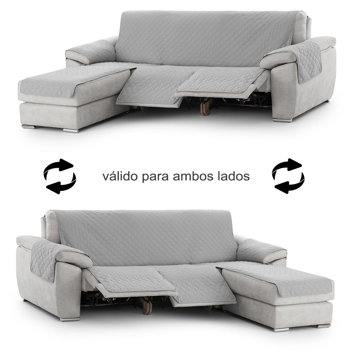 Milica Funda Chaise Longue Relax Acolchada Reversible 240cm Gris | Cubre sofá con Asientos reclinables | Tejido Liso Lavable en Lavadora | Protección Diaria | Brazo Derecho o Izquierdo