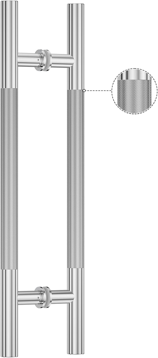 Ranbo 24" Push Pull Door Handle,406mm (16 Inch) CTC,1.5mm Thick 304 Stainless Steel,Knurled Center Double Sided Handle for 8–12mm Glass & 35–55mm Wood Doors,Polished Chrome