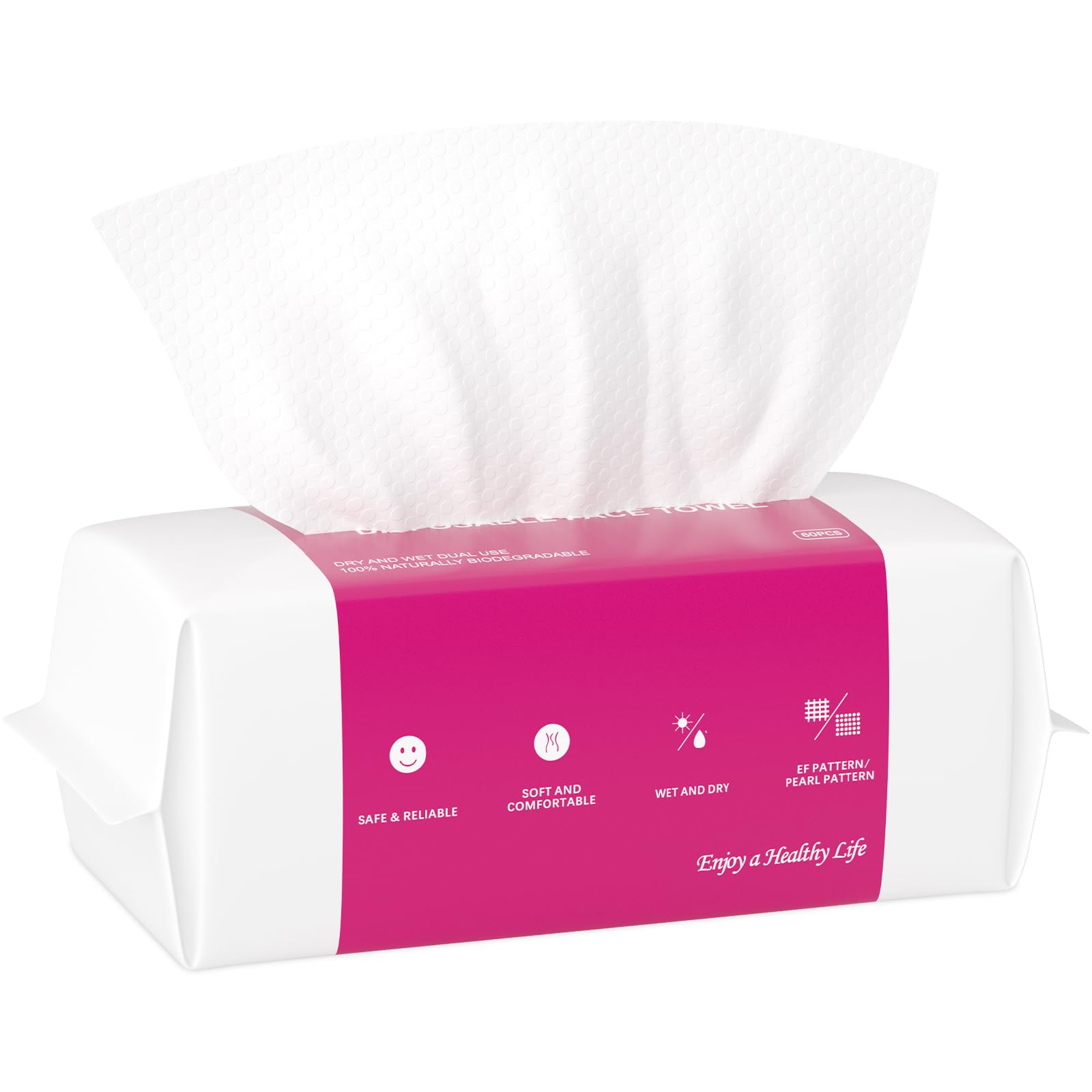Disposable Face Towel 60 Count, 20 x 20cm Cotton Tissue Dry Face Wipes Skin Clean, Unscented and Ultra Soft Disposable Face Towelette for Washing Face, Makeup Removing (Pearl Pattern)