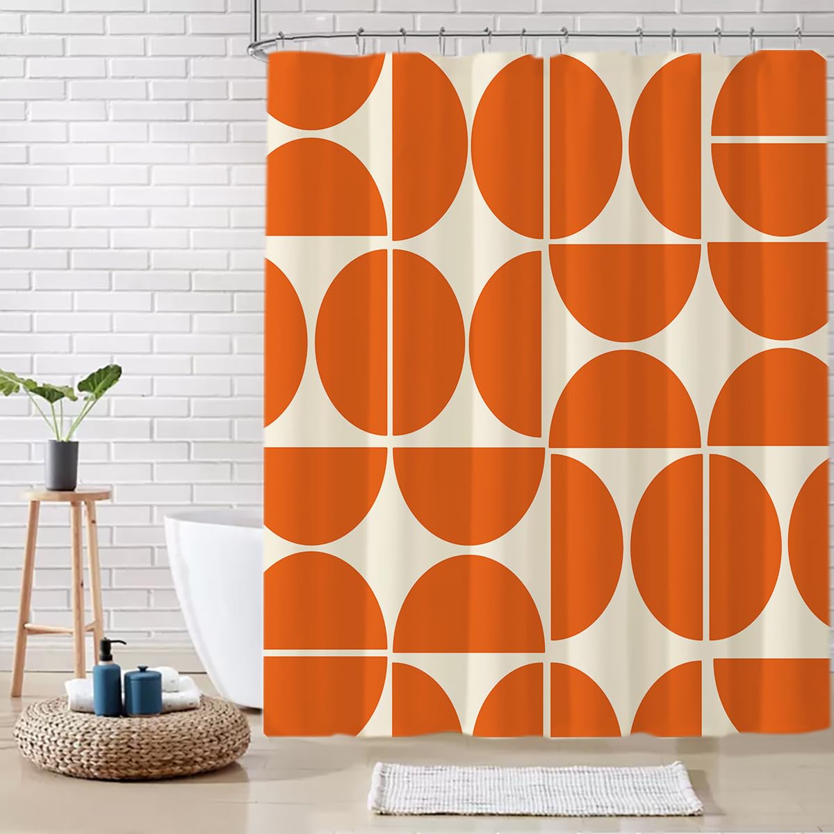 De-Mediocre Orange Mid Century Shower Curtain Sets Boho,Modern Abstract Geometric Art Bath Curtain for Bathroom,Waterproof Fabric Polyester Curtain