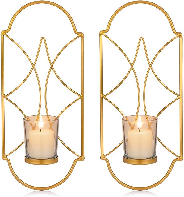 Sziqiqi Metal Wall Sconce Candle Holder Decor Set of 2 Wall Mounted Candle Sconces Holders with Glass, Candle Sconces Holder for Wall, Home Wall Art for Living Room Fireplace Yard Pathway, Gold